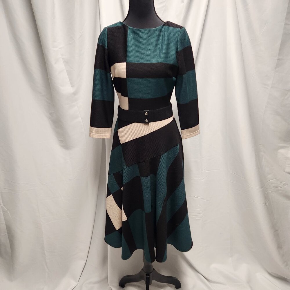 Julian Taylor Green Geometric Fit & Flare Dress – Size 4 TRUE GREEN NOT TEAL